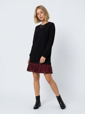 KINLY Black Terry Leopard Pleated Drop Waist Mini Dress Small Long Sleeve